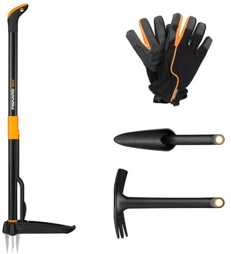 Fiskars Set di Attrezzi da Giardino, 4 pezzi, Sarchiatore Xact, Acciaio Inox/Plastica, Zappa e Cazzuola Combinata Solid, FiberComp,Guanti da Giardino, Misura: 10, Nero/Arancio, 1077308