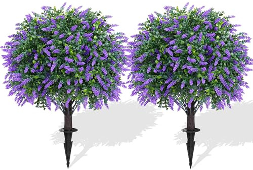 Yangrass Artificial Lavender Topiary Ball Trees with Ground Spike, 2 Pack 16 Inches UV Resistant Artificial Shrubs, Fake Evergreen Artificial Plant Brush for Indoor Outdoor Front Porch Garden