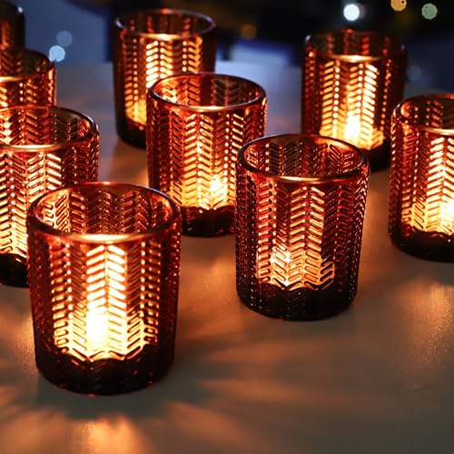 Vohocandle Amber Portavelas de cristal con 12 unidades, con espigas de trigo, vasos para decoración de otoño, vasos marrones para velas de té, para Navidad, decoración de Acción de Gracias (5,5 cm de