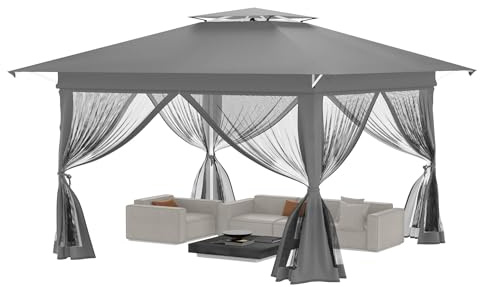 YRHome Grau 3x3m (Dach 4x4m) POPUP Faltpavillon,Höhenverstellbar Stabiler Gartenzelt mit Doppeldach, Ink. Tragetasche&4 Moskitonetzen, Wasserdicht & UV-Schutz | 210D Oxford, für Garten