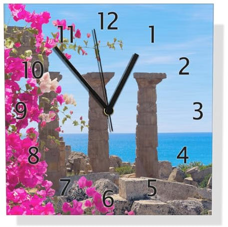 Wallario Design Wanduhr Antike Säulen am Meer aus Aluverbund, Alu-Uhr Größe 30 x 30 cm, Schwarze Zeiger mit Metalloptik