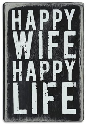 Happy Wife Happy Life Familien-Zitat Schild Retro Blechschild Vintage Wanddekoration für Zuhause, Bar, Café, Metallposter 20,3 x 30,5 cm