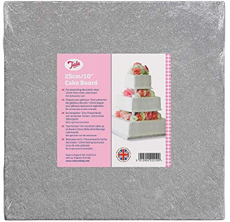 Tala 10 Inch / 25cm Square Cake Drum, Extra Strong with 12mm Thickness, with Silver Foil Base, Perfect Cake Board for Heavy Cakes
