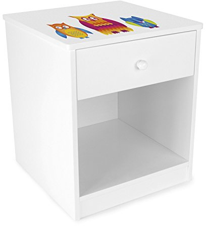 Leomark Nachttisch aus Holz - Eulen - Nachtschränkchen mit Schublade, Nachtschrank für Kinder, Weiß Nachtkonsole mit Aufdruck, Höhe: 40 cm