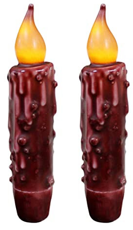 CVHOMEDECO. Echtwachs Hand getauchte batteriebetriebene LED Timer Taper Candles Country Primitive Flameless Lights Dekor, 12 cm, Burgund, 2 Stück in Einer Packung