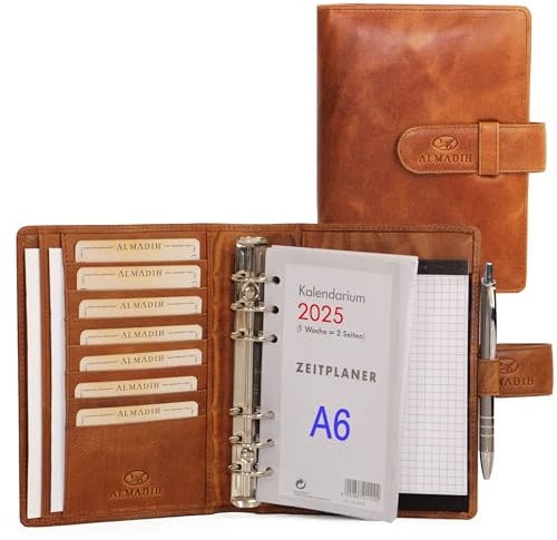 ALMADIH echt Leder A6 Terminplaner mit Kalender 2025 2026 + Notizblock - braun deluxe Ledermappe Mappe Schreibmappe Organizer Terminkalender Ringbuchmappe Pocket Kompakt (A6 Ter BD)