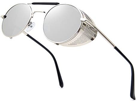 RONSOU Steampunk Stil Rund Vintage Sonnenbrillen Retro Brillen UV400 Schutz Metall Rahmen silber rahmen/silber linse