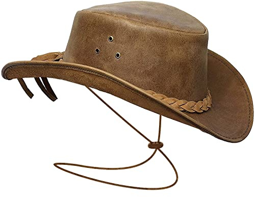BRANDSLOCK Herren Vintage Breiter Krempe Cowboy Aussie Style Western Bush Hut mit Chin Cord