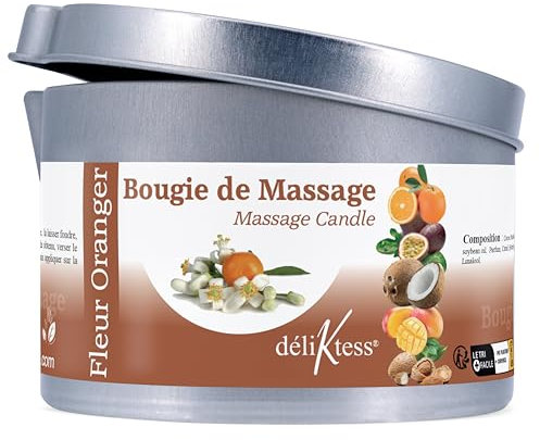 déliktess® - Bougie de massage Végétale 190 ml - 18 parfums au choix - Fabriquée en France (Fleur d'oranger)