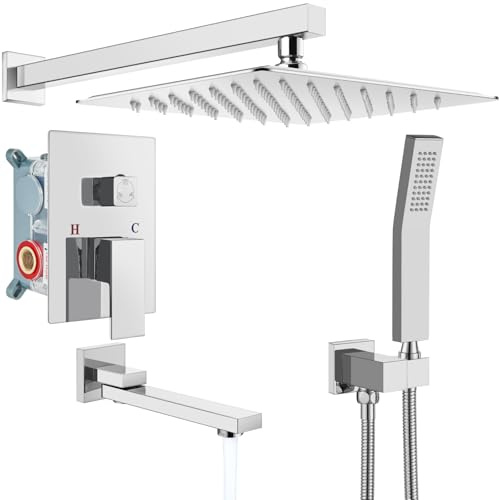 gotonovo Regenwannen-Duscharmatur-Set, Badezimmer-Duschsystem mit Wannenauslauf, Wandhalterung, quadratisch, Hochdruck-Duscharmaturen mit Handsprüher raues Ventil, 25,4 cm Duschkopf, poliertes Chrom