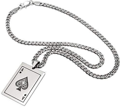 Schmuck-Checker Pik Ass Anhänger aus 316L Edelstahl mit Halskette Poker Spielkarte Glücksbringer Ace of Spades