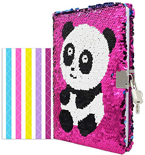 VIPbuy Tagebuch mit Schloss und Schlüssel Notizbuch für Mädchen Kinder Pailletten Wendbare Tagebücher Notizbücher A5 liniert mit 1 Blatt Fotoecken, 156 Seiten, 21,5 x 14 cm, roter Panda