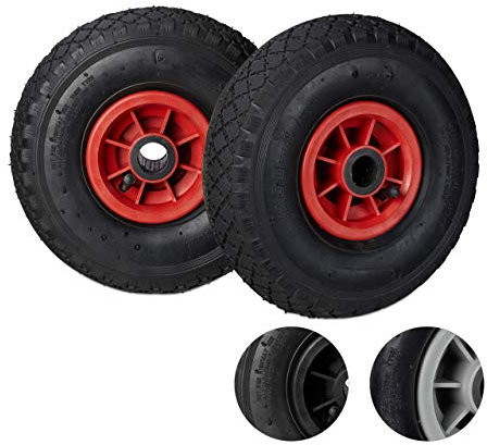 2 x Sackkarrenrad, 3.00-4, luftbereift, Ersatzrad mit Kunststofffelge, 260x85mm, Ø Achse 25mm, Komplettrad, schwarz-rot