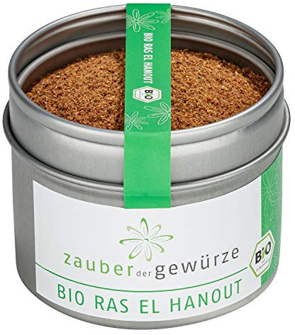 Zauber der Gewürze Bio Ras el hanout Gewürz für marokkanische und orientalische Gerichte mit Fleisch, Fisch, Gemüse, für Tajine, Couscous, Top-Qualität in wiederverschließbarer Aroma-Dose, 50 g