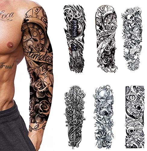6 feuilles Tatouage temporaire pour homme femmes,Plein Bras Tatouages Éphémères Manchette tatouage,Autocollants tatouages faux bras animaux。