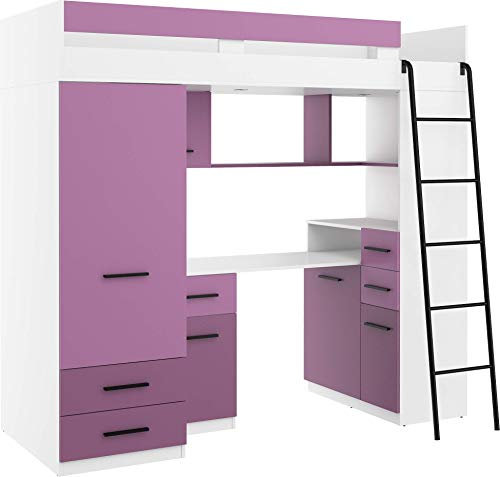 FurnitureByJDM Hochbett mit Schreibtisch, Kleiderschrank und Stauraum – Jugendbett für Kinderzimmer (110x204 cm) – Kinderbett mit 90x200 cm Matratzengröße – Rechte Leiter – SMYK (Weiß/Lavendel)