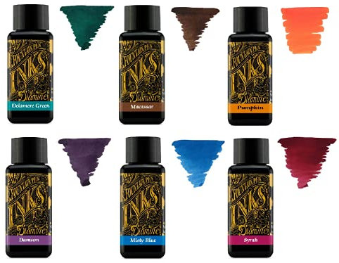 Diamine Fountain Pen Ink 30ml - Colour Wheel - 6 x Bottles - Delamere Green, Macassar, Pumpkin, Damson, Misty Blue, Syrah