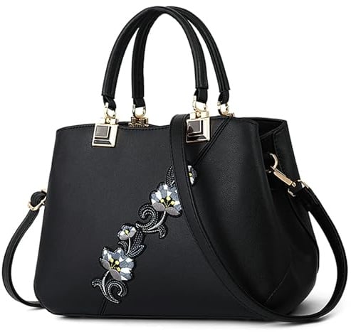 DIRRONA Handtasche Damen Groß – Umhängetasche & Tote Bag mit Blumenstickerei und Pom-Pom-Dekoration, ideal für Arbeit und Freizeit, Reisen oder Urlaub, Büro sowie Abendanlässe und Hochzeiten