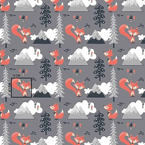 11,99€/m 100x160cm Fuchs 100% Baumwolle Baumwollstoff Kinder Meterware Handwerken Nähen Stoff (Fuchs Baum Berg Wolke Grau, 100x160cm (11,99€/m))
