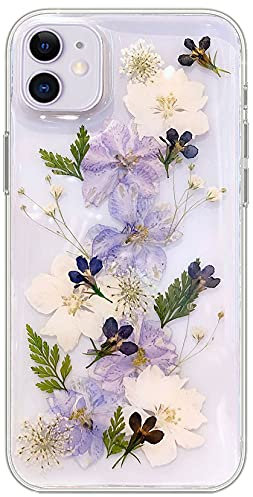 Efitoo Designed for iPhone 11 Pressed Flower Case, Cute Bling Glitter Sparkle Clear with Design Soft Silicone TPU Rubber Dried Real Floral Aesthetic Case for Women Girls (Navy Flower)