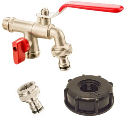 Double Robinet De Jardin 1/2 avec Adaptateur De Réservoir D'Eau IBC 1000L - Raccord en Laiton et PP, Filetage Gros 60MM S60x6 pour Récupérateur Eau De Pluie