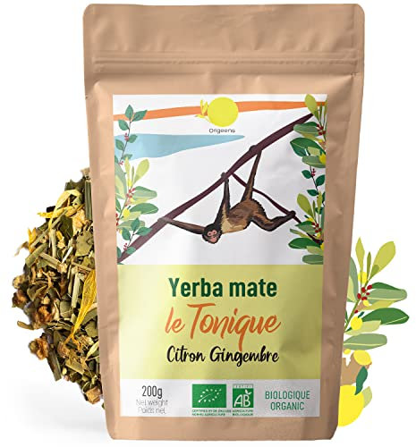 ORIGEENS YERBA MATE BIO LIMONE ZENZERO 200 g - La tonica | Erba mate Bio non tostata, foglie, senza gambi e senza polvere | Bevanda energetica e disintossicante