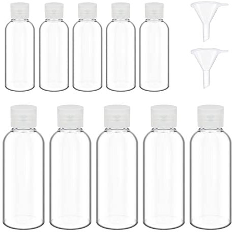 10 Pièces Flacons de Voyage de 50 ml et 100 ml, Bouteilles de Voyage Transparent en Plastique, Flacons Vide de Voyage Rechargeables avec 2 Petits Entonnoirs, pour Huile Solaire Shampooings Lotions