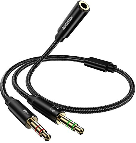 Headphone Splitter Mic Cable for Computer, ZOOAUX 3.5mm Headphone Mic Stereo Y Splitter, Headset 3.5mm Female to 2 Dual Male Microphone Audio Jack Stereo Jack to Gaming Speaker PC Adapter
