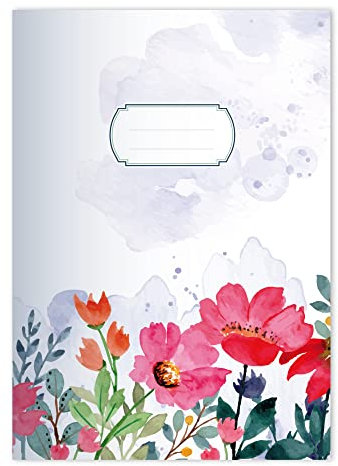 4x Garten Blumen DIN A4 Schulheft, Schreibhefte im Aquarell Stil gemalt in Rot Lineatur 27 (liniertes Heft)