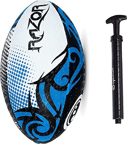 Optimum Razor Rugby Ball - Perfect for Training & Gameplay, Great Flight & Air Retention, Rubber Dimpled Surface for Grip, 2-Ply 410g - Black/Red/White -Size 3 - With Pump