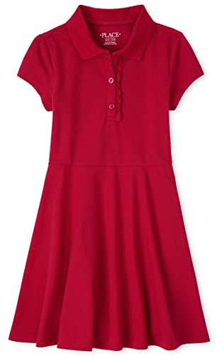 The Children's Place,Short Sleeve Ruffle Polo Dress,Ruby,Large (10/12)