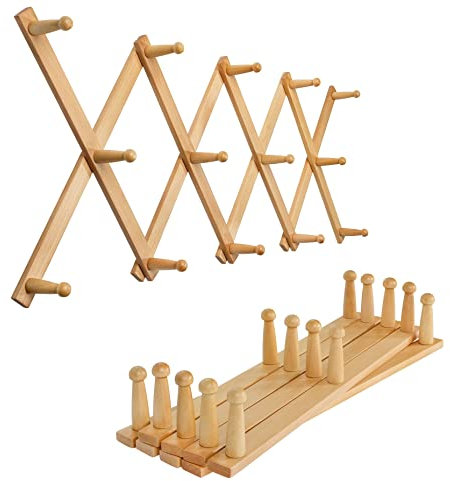 SKOLOO Accordion Wall Hanger, Expandable Coat Rack Wall Mounted, Solid Wooden Wall Hat Rack, 14 Peg, Pack of 2, Natural
