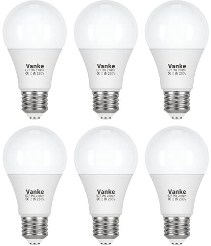 Vanke E27 Screw Bulb, Warm White 2700K Yellow Light, 60 Watts Equivalent, 9W ES LED Bulbs, Large Screw in Light Bulb, 806 Lumen, Non-Dimmable, Pack of 6