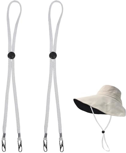 2 Stück winddichtes Seil für Hut, flexibel verstellbarer Hutriemen, abnehmbare winddichte Hut-Kinnschnur, Anti-Verlust-Gurt mit Clips, Hut-Kinnschnur, Einstellbare Schnur Befestigung für Golf (Weiß)