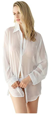 Chemisier de lingerie pour femme, style petit ami, chemise blanche boutonnée, haut transparent en mousseline de soie, blanc, XL