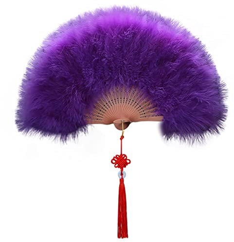 Feather Fan 20s Vintage Folding Fan Flapper Marabou Hand Fan with Tassels Women Handheld Fan for Costume Dancing Show Tea Party Gifts Wedding Decoration (Purple)