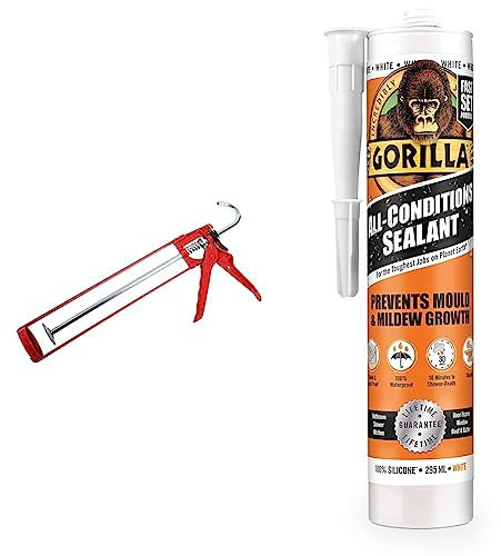 ProDec MG11ES Extra Strong Skeleton Caulking Gun, Sealants, Silicones, Adhesives, Red,400ml and 310ml & Gorilla 1144010 All Conditions Sealant Silicone White 295ml