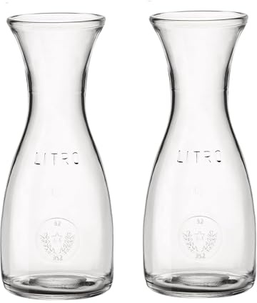 Bormioli Rocco Misura PZ Carafe Set of 2-33.75 Oz. Clear Glass Carafes with Calibration Line for Wine, Water, Juice & Milk - Rounded Base Flared Top Drinkware for Dining, Kitchen & Serving