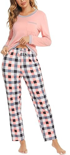 Marvmys Pigiama Donna Invernale Caldo Cotone Lungo a Maniche Lunghe Set con Tasche