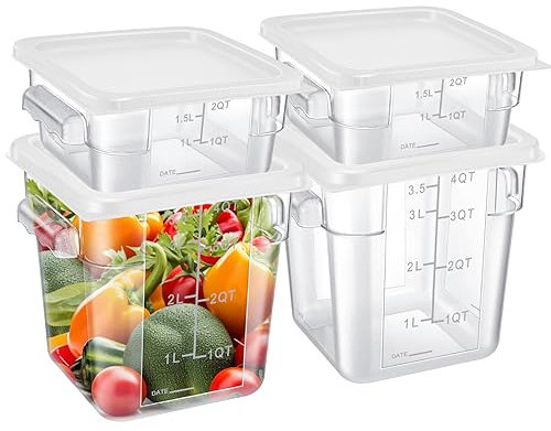 Barydat 4 contenitori per alimenti con coperchi, quadrati da 2 e 4 qt, contenitori commerciali con bilancia e manici, in policarbonato trasparente, per la conservazione degli alimenti a prova di
