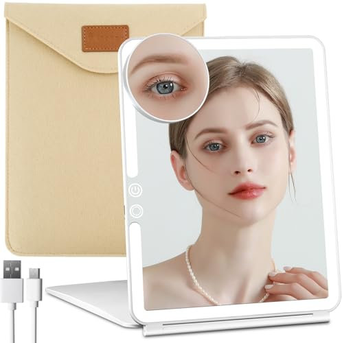 FUNTOUCH Großer wiederaufladbarer Reise-Make-up-Spiegel mit Licht, tragbarer Make-up-Spiegel mit 10-facher Vergrößerung, 3 Beleuchtungsmodi, dimmbarer Touchscreen, zusammenklappbarer Reisespiegel mit