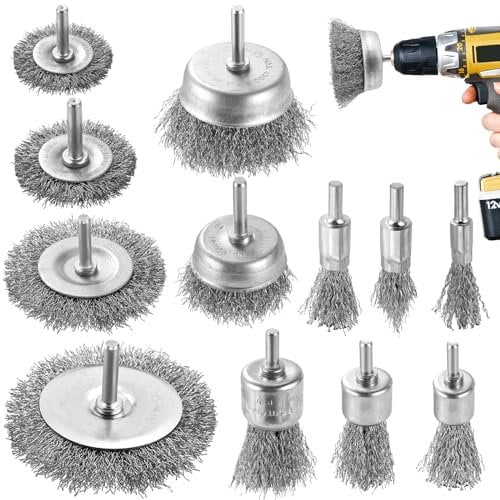 DazSpirit 12 pcs Wire Brushes for Drills Set, Brass Coated Wire Wheel & Cup Brush with 1/4-Inch Drill Wire Brush Attachment for Rust Removal, Stripping, and Abrasive