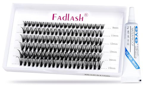 FADLASH Kit Extension Faux Cils, 120pcs Faux Cils Individuel 40D C Curl MIX(8-15), 7ml Colle Pour Cluster Cils
