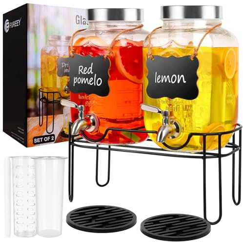 Drink Dispenser,2PACK Glass Drink Dispensers for Parties,1 Gallon Beverage Dispenser with Stand, Stainless Steel Spigot 100% Leak proof,Come with Ice Cylinder,Fruit Tube and 2 Rubber Mats