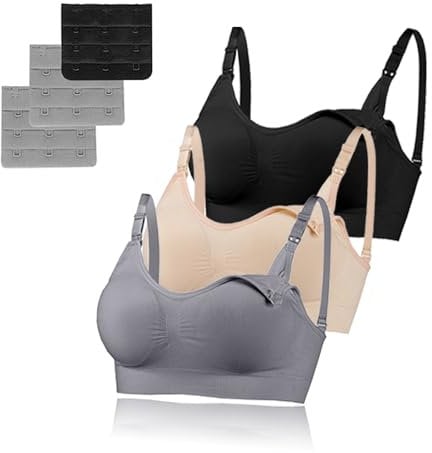 3 Pack Women's Nursing Bra, Seamless Wire-Free Nursing & Sleep Maternity Bras, Comfortable Night Nursing Bra with Removable Breast Pads & Extenders (XL,Black/Skin Color/Gray)