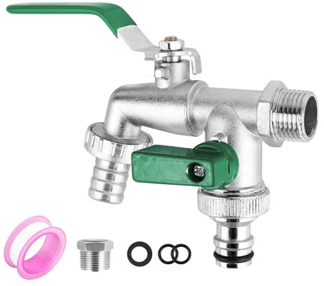 Garten Wasserhahn, Doppel Auslaufhahn Waschmaschine 1/2 Zoll 3/4 Zoll, Garten Wasserhahn aus Messing 2 Schlauchanschlüssen & Dichtband, für Garten Waschmaschine Machine Regen Barrel