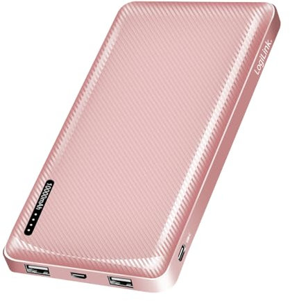 Batterie Externe 10 000 mAh, 2 Ports USB-A + 1 Port USB-C (pour Les appareils) avec Fonction de Charge Rapide, USB-C + Micro USB (Charge de la Batterie Externe), Rose