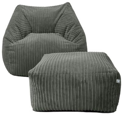 rucomfy Beanbags Adults Large Snuggle Chair - Large Corduroy Armchair for Home Furniture - Living Room or Bedroom Seating - Machine Washable - 80 x 95 x 88cm (Slate, with Ottoman)