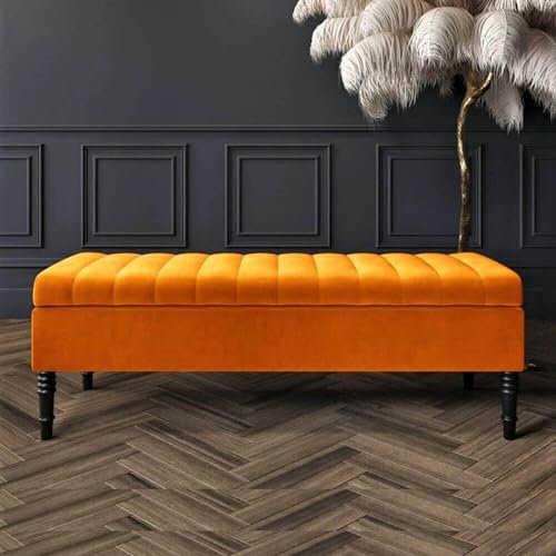 90cm Wide Safar Ottoman Storage Bench, Plush Shoe Bench with Storage, Velvet Footstool, Lined Upholstered Coffee Table, End of Bed Bench, Hallway Seating Bench, Burnt Orange Velvet, 3ft(90x40x40)CM