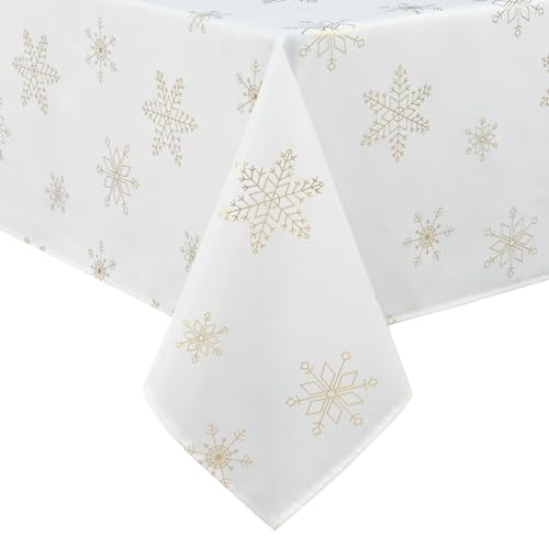Yrendenge Wasserabweisend Weihnachtstischdecke 146x305, Rechteckige Weihnachten Tischdecke, Groß Esstischdecke Abwaschbar Weihnachts Tischdecke Tischtuch, Weiß mit Gold Schneeflocken Motiv